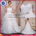 off-shoulder short sleeves beautiful lace neckline layers skirt white and gold wedding dresses
